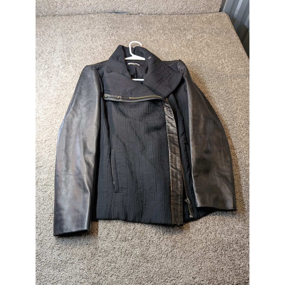 Helmut Lang Black Lamb Leather Sleeve Textured Asymmetrical Zip Jacket Small